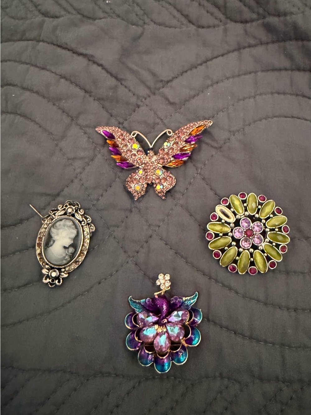 Vintage-Inspired Multi-Brooches including a cameo. All costume with colored glas